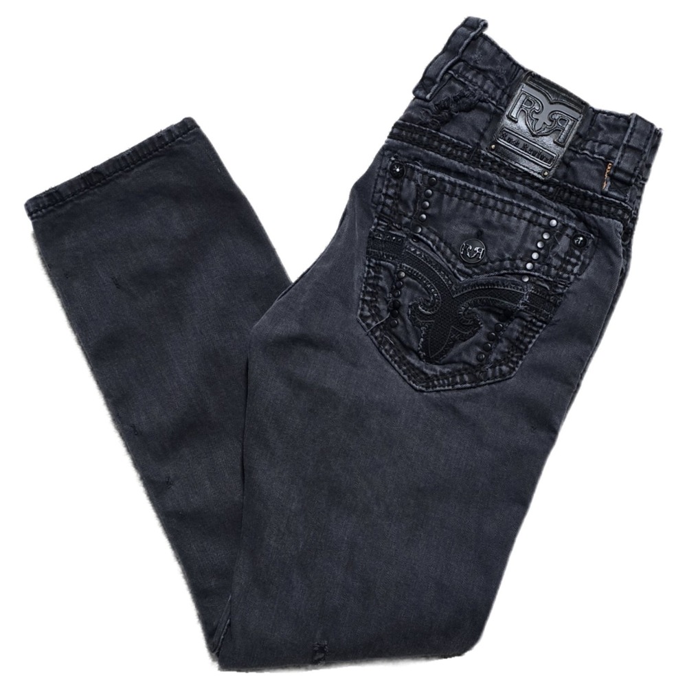 Rock Revival Jeans Mens 33x30 Black Denim Scipio Straight Distressed Embroidered